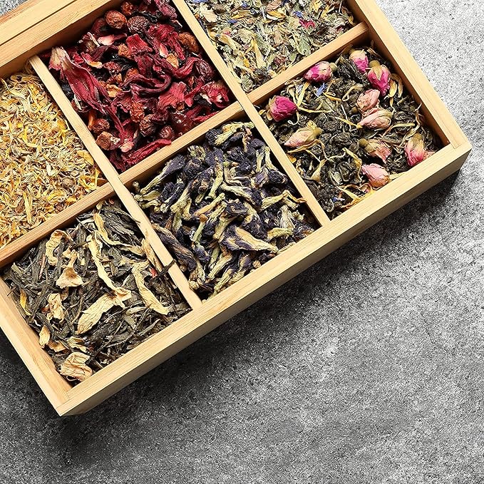 Bamboo Tea Organizer Box Chemical Free Eco-Friendly Big, Tall, Adjustable Cubbies Natural Wooden Storage Chest (Tea Time, 6-Slot 11" x 8.1" x 4.2")