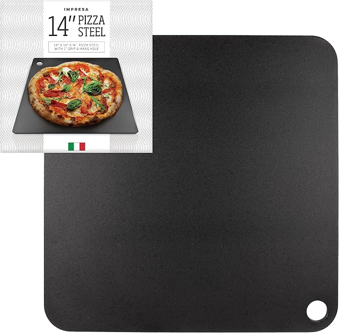 IMPRESA Pizza Steel for Oven - 14 x 14 x 0.25 in Black Carbon Steel - Fast Heat Retention for Crispy Crust - Nonstick Surface with Pizza Stone & Pan Performance