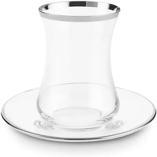 KARACA Sydney Elegant Tea Glass Set of 6 - (12 Piece) Clear Turkish Tea Cup Glasses and Saucers, 5.4 fl oz Curved Design Drinkware Cups, Dishwasher Safe, Platinum