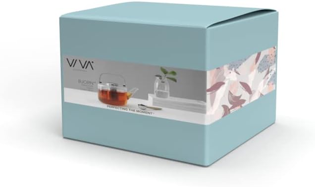 Viva Bjorn Borosilicate Glass Tea Pot for Stovetop with Loose Leaf Tea Infuser Mesh - 40 ounce/1.18 Liter - Modern Teapot Features Stainless Steel Handle and Vented Lid, Tea Maker for Blooming
