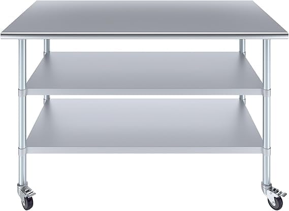 Stainless Steel Work Table with 2 Shelves and Casters | Metal Utility Table On Wheels (60" Long x 30" Deep)