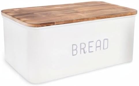 Nat & Jules Matte White 12 x 7 Metal Enamel Rubber Wood Lidded Bread Box