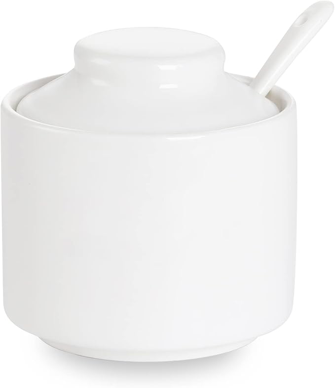 ONTUBE Ceramic Sugar Bowl with Lid and Spoon,Porcelain Seasoning Box Salt Bowl,8oz White