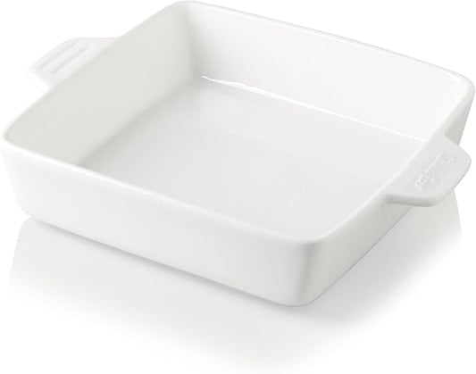 Sweejar Ceramic Baking Dish, 9 x 9 Cake Baking Pan for Brownie, Porcelain Square Bakeware with Double Handle for Casserole, Lasagna, Family Dinner (White)