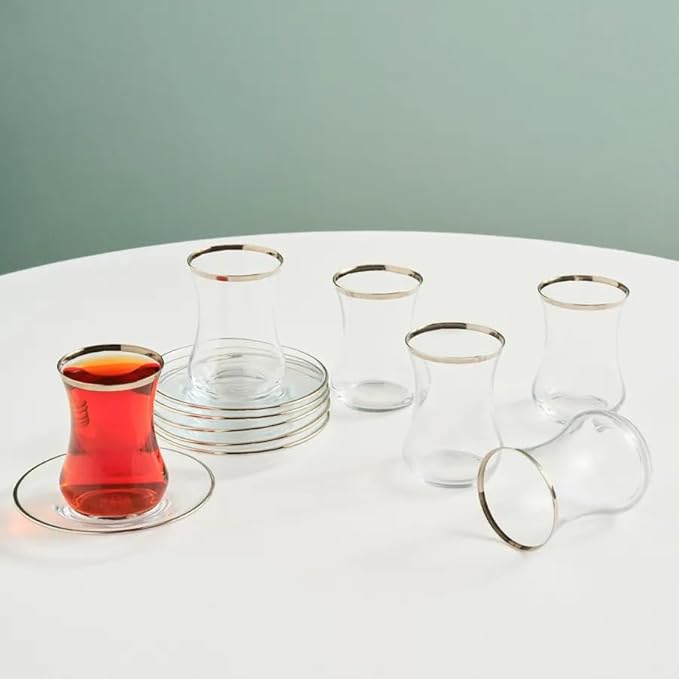 KARACA Sydney Elegant Tea Glass Set of 6 - (12 Piece) Clear Turkish Tea Cup Glasses and Saucers, 5.4 fl oz Curved Design Drinkware Cups, Dishwasher Safe, Platinum