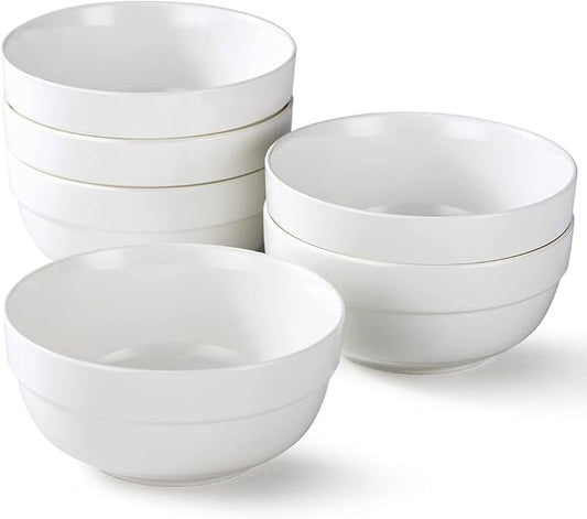 HAPPY KIT 6" Ceramic Soup Bowls, Cereal Bowls Set of 6, 24OZ White Bowls for Kitchen, Serving Bowls for Cereal Soup Rice Pasta Salad Oatmeal, Thick-edge Non-slip Design