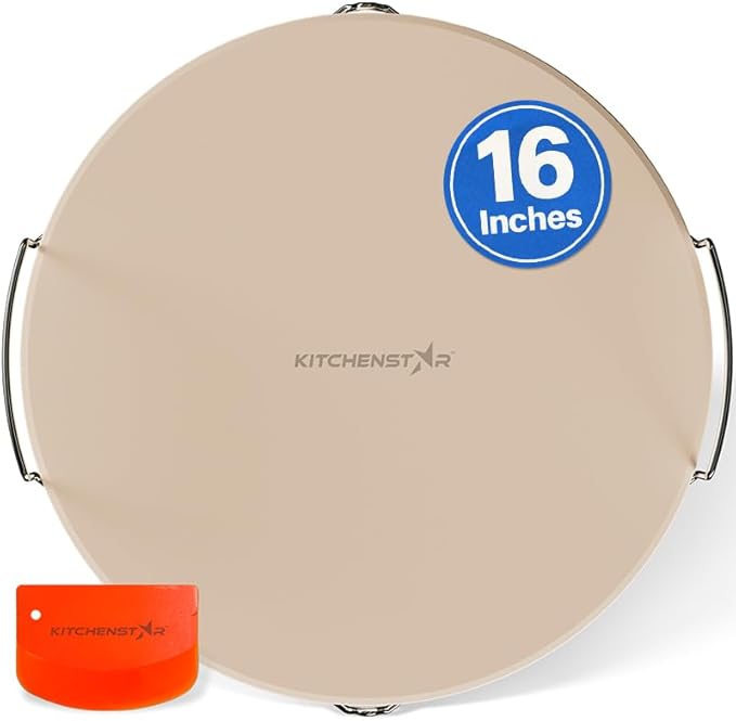 KitchenStar 16-inch Pizza Stone for Oven and BBQ Grill with Handles, Round, 5/8" Thick - Natural Cordierite, 1800 °F Resistant, Baking Stone Set with Stainless Steel Rack & Plastic Scraper Tool
