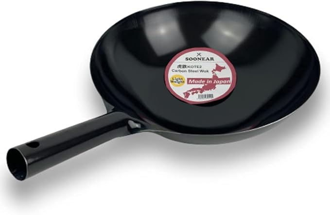 [Made in Japan] SOONEAR KOTE2 Light Weight Carbon Steel Wok 14 1/4" 2.73lb(30% less) Gas Fire Round Bottom Carbon Steel Handle No Rivets