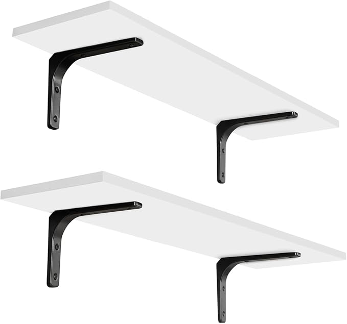 DINZI LVJ Long Wall Shelves, 23.6 Inch Wall Mounted Shelves Set of 2, Easy-to-Install, Wall Storage Ledges with Sturdy Metal Brackets for Living Room, Bathroom, Bedroom, Kitchen, White