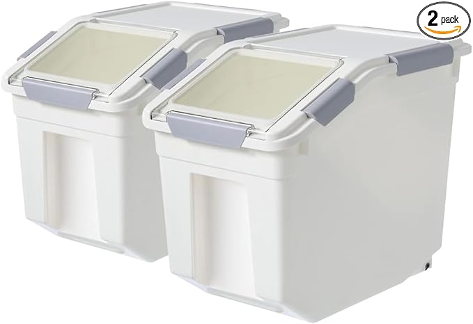 30Lbs 2 Pack Food Storage Container with Scoop, Airtight Rice Storage Bins Flour Containers Pet Food Dispenser with Handle & Wheels, Plastic Kitchen Pantry Organization for Cereal Baking Supplies