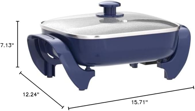 GreenLife 12" 5QT Square Electric Skillet, Glass Vented Lid, Ceramic PFAS-Free Nonstick Coated Interior, Adjustable Temperature Control, Cool Touch Handles, Quick Even Heating, Scratch Resistant, Blue
