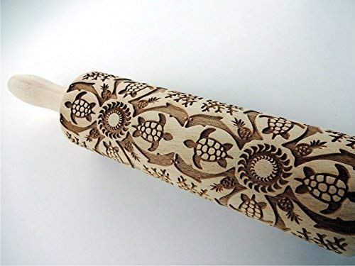 ROLLING PIN HAWAII LASER ENGRAVED with HAWAII PATTERN for EMBOSSED COOKIES PINEAPPLE DOLPHIN TURTLE SEASIDE BEACH SUN