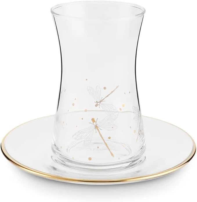 KARACA Yusufcuk Glass Elegant Tea Glass Set of 6 - (12 Piece) Clear Turkish Tea Cup Glasses and Saucers, 5.74 oz Curved Design Drinkware Cups