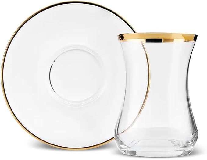 KARACA Sydney Glass Turkish Tea Set for 6 People, Gold, 12 Pieces Tea Service, 6 Turkish Tea Glasses with Saucers, Glass, 5.4 fl oz Tea Plates/Saucers