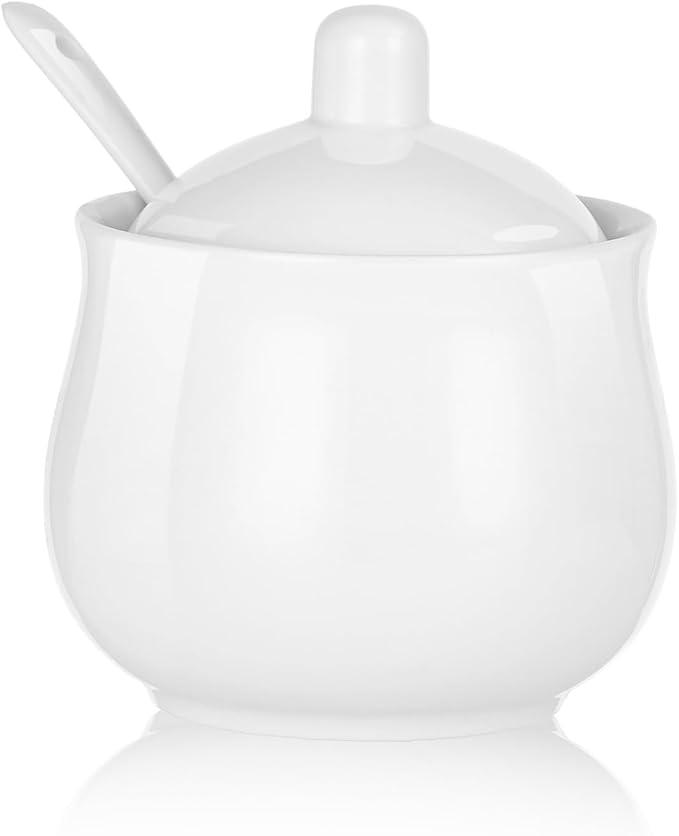 Ceramic Sugar Bowl with Lid and Spoon, White Porcelain Sugar Salt Pepper Storage Jar, 8 Ounces
