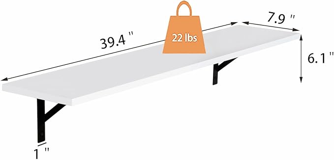 DINZI LVJ Long Wall Shelves, 39.4Inch Wall Mounted Shelves Set of 2, Easy-to-Install, Wall Storage Ledges with Sturdy Metal Brackets for Living Room, Bathroom, Bedroom, Kitchen, White