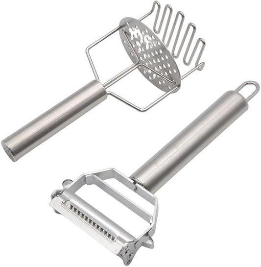 3-in-1 Multi-Peeler Stainless Steel Potato Masher Set,2-Piece Kitchen Tools for Peeler Vegetables,Carrots,Apple and Masher,Banans,Puree Making