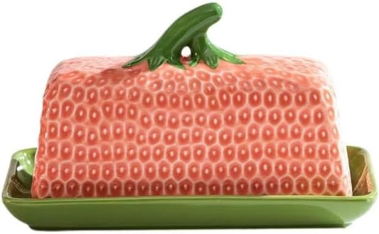 Ceramic Strawberry Butter Dish with Lid for Countertop, Kitchen Butter Keeper, Serving Tray with Cover, Butter Storage Container, Butter Holder, Holds 1 Stick (Pink, Large)