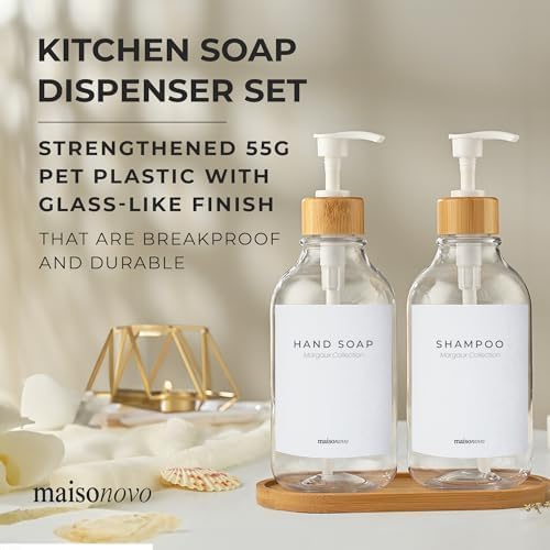 Maisonovo Plastic Soap Dispenser Set | Hand Soap and Dish Soap Dispenser Set | 16.9oz Amber Bottles with Black Bamboo Pump | Bathroom Lotion Dispenser with Pump Set of 2