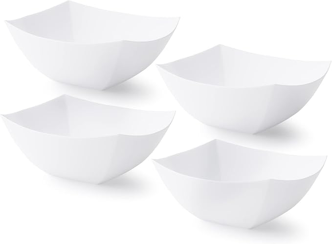 Posh Setting - White Plastic Serving Bowls for Party (8oz - 4 Pack) Square, Disposable, Salad & Fruit Bowls for Party Table, Candy Containers for Candy Buffet