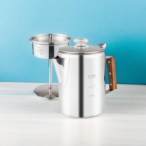 Percolator Coffee Pot Using on Induction Cooker & Campfire Stove, Stainless Steel Camping Coffee Pot Coffee Maker with Tempered Borosilicate Glass Knob Top NO Aluminum NO Plastic 9 Cup