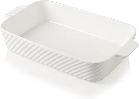 Sweejar Ceramic 13 x 9 Baking Pan, Cake Baking Dish for Brownie, Porcelain Striped Casserole Dishes for Oven with Handle for Lasagna, Family Dinner(White)