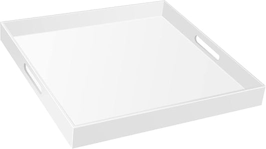 24×24 Inches Glossy White Acrylic Serving Tray with Handles Extra Large Ottoman Tray Decorative Trays Spill-Proof Coffee Table Space Saver Oversize Counter top Organizer Platter with Safe Edge
