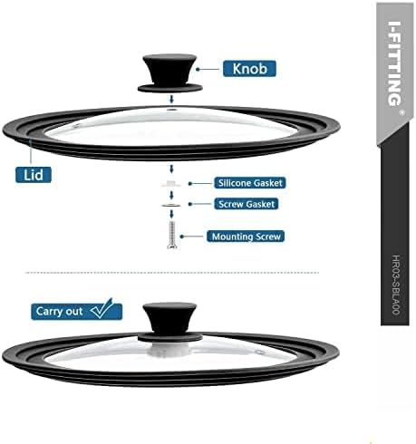 Universal Lid for Pot,Pan,Skillet Fits 6.5",7",8" Cookware Silicon lid Dishwasher Safe, Replacement Lid Vented Tempered Glass with Heat Resistant Silicone Rim By HR Huare Technology, Black,1 Pack