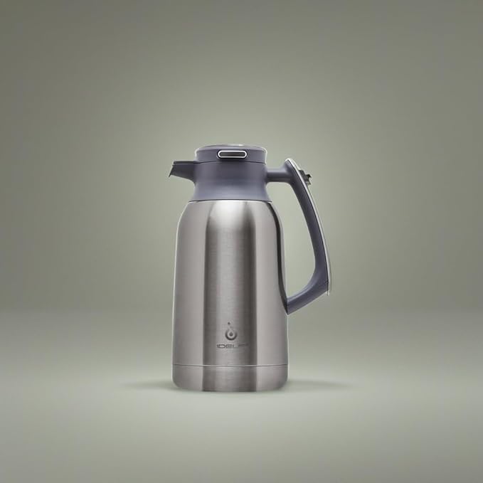 IDEUS Thermal Coffee Carafe 68oz (2,000ml), Stainless Steel Double Wall Insulated Vacuum Flask, Water Jug Coffee Server and Beverage Dispenser, Heat and Cold Retention (Metallic, 68oz (2,000ml))