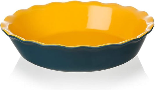 Sweejar Ceramic Pie Pan, 10 Inch Round Baking Dish, Non-Stick with Soft Wave Edge for Apple, Pumpkin, Pot Pies (Blue&Yellow)