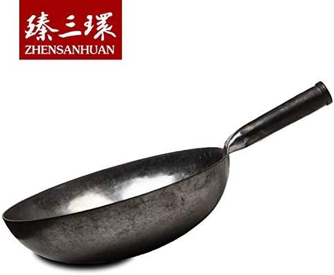 臻三环 ZhenSanHuan Chinese Hand Hammered Iron Woks and Stir Fry Pans, Non-stick, No Coating, Carbon Steel Pow (32CM, Silver - Not Seasoned)