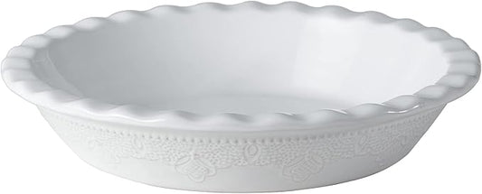 Fun Elements Pie Pan, 9 Inch Ceramic Pie Dish, Deep Dish Pie Pan with Lace Emboss, Ruffled Pie Plate for Baking, Thanksgiving Christmas Gifts(Bright White)