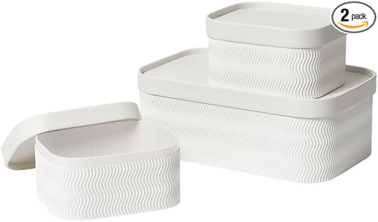 LA JOLIE MUSE Fluted Cardboard Storage Baskets with Leather-Like Lids, Paper Boxes Decorative Tray, Modern Basket Organizer Bins for Organizing,Eggshell White
