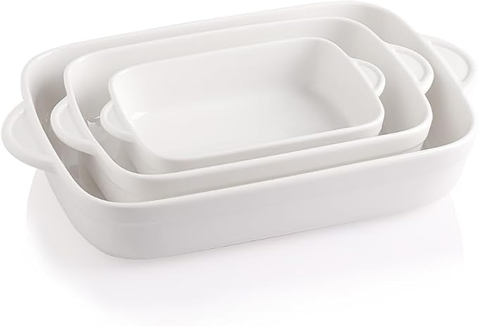 Sweejar Casserole Dishes for Oven, Ceramic Bakeware Set of 3, Lasagna Pan Deep with Handle, Rectangular Baking Pan Set, 9x13 Baking Dish for Cooking, Banquet and Daily Use (White)
