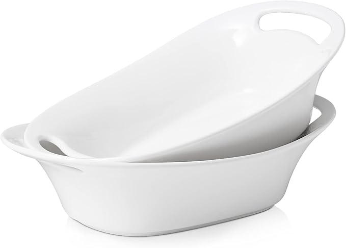DOWAN Large Serving Bowls with Handles, 60 OZ Oval Serving Platter for Turkey, Fruit Salad Serving Dishes for Entertaining, Porcelain Pasta Bowls for Mother's Day, Parties, Set of 2, Soft White