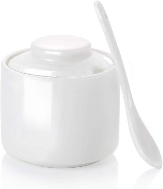 ONTUBE Ceramic Sugar Bowl with Lid and Spoon,Porcelain Seasoning Box Salt Bowl,8oz White