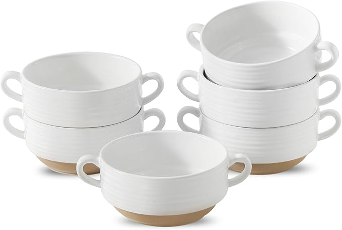 Hasense Ceramic Soup Bowls with Handles, 20 oz Oven Safe French Onion Soup Bowls Set of 6, White Serving Dishes for Entertaning, Ideal for Soup, Salad, Stew, Microwave & Dishwasher Safe