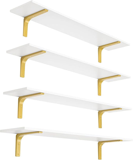 DINZI LVJ Long Wall Shelves, 47.3" Wall Mounted Shelves Set of 4, Large Floating Shelves for Wall with Metal Brackets, for Living Room, Bathroom, Bedroom, Kitchen, White and Gold