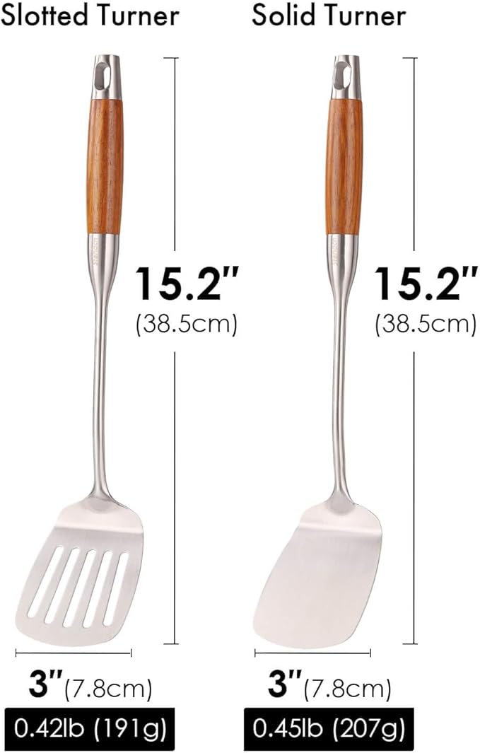 18/10 Stainless Steel Spatulas Set - 15” Long Spatulas for Kitchen, Metal Cooking Utensils - 1 Slotted Spatula + 1 Solid Turner (style B - roosewood handle)