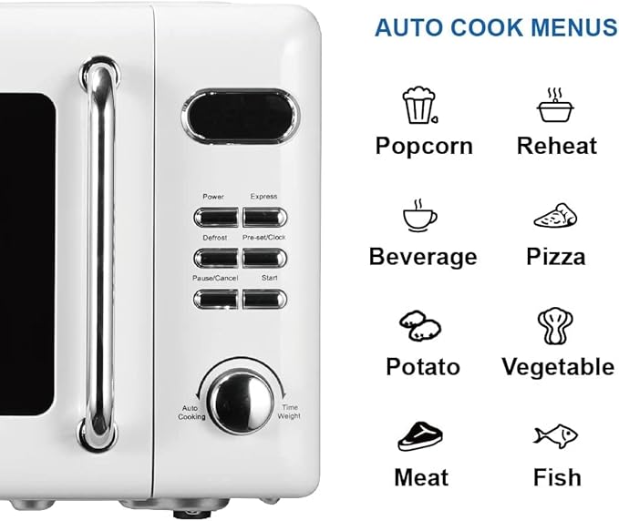 Emerson MWR7020W Compact Countertop Microwave Oven with Button Control, LED Display, 700W 5 Power Levels, 8 Auto Menus, Glass Turntable and Child Safe Lock, 0.7, Retro White