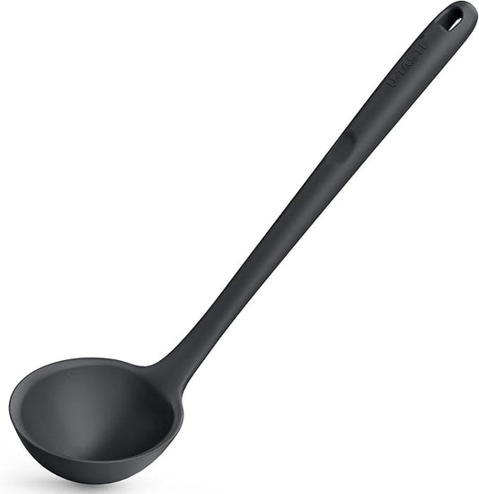 13 inch Silicone Soup Ladle: U-Taste 600ºF Heat Resistant 4 oz Large Non-stick Seamless Rubber Kitchen Deep Serving Spoon with Non Slip Solid Long Handle for Cooking Sauce/Stews/Gravies/Chili(Black)