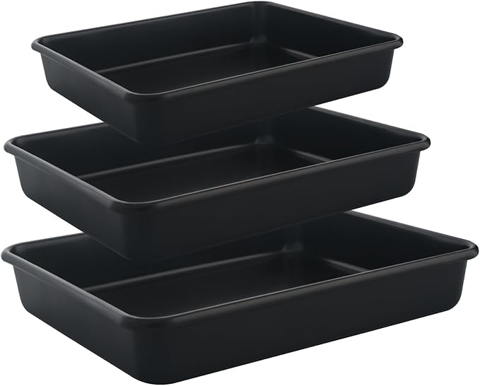 Rectangle Cake Pan, Deep Baking Pans Set Nonstick, 9/11/13 Inch, Heavy Duty Thickness Bakeware Roasting Tray for Toaster Oven, Thanksgiving Christmas Roast Turkey Pan, 3-Pack, Black
