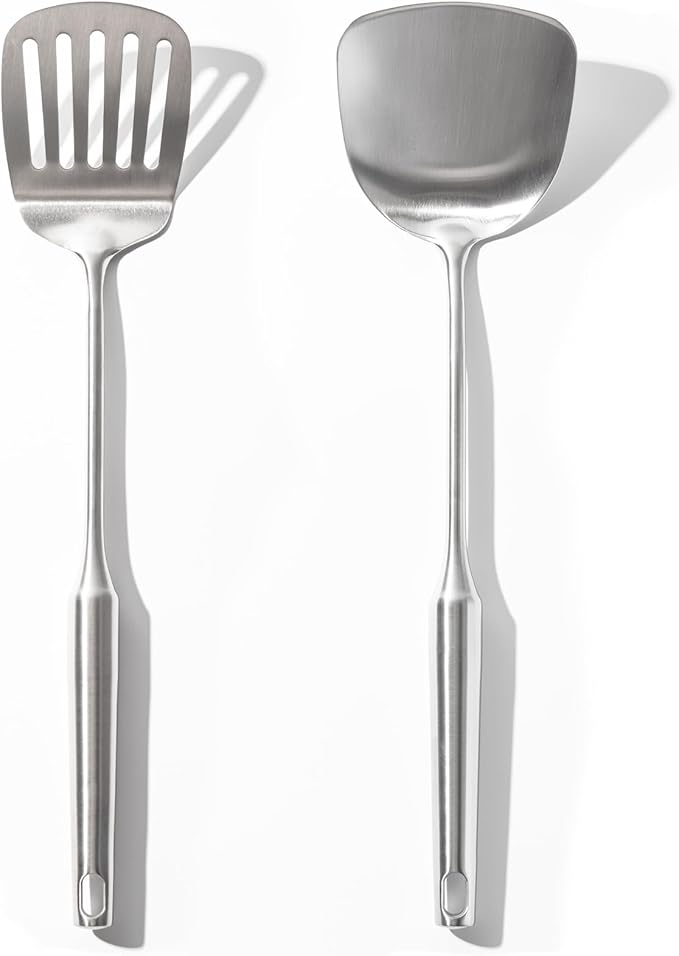 18/10 Stainless Steel Spatula Set - 15" Metal Spatulas for Kitchen Use, 1 Slotted Spatula + 1 Solid Turner, Heat Resistant Metal Cooking Utensils, Dishwasher Safe, Silver