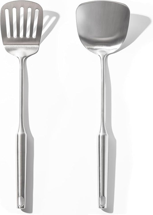18/10 Stainless Steel Spatula Set - 15" Metal Spatulas for Kitchen Use, 1 Slotted Spatula + 1 Solid Turner, Heat Resistant Metal Cooking Utensils, Dishwasher Safe, Silver