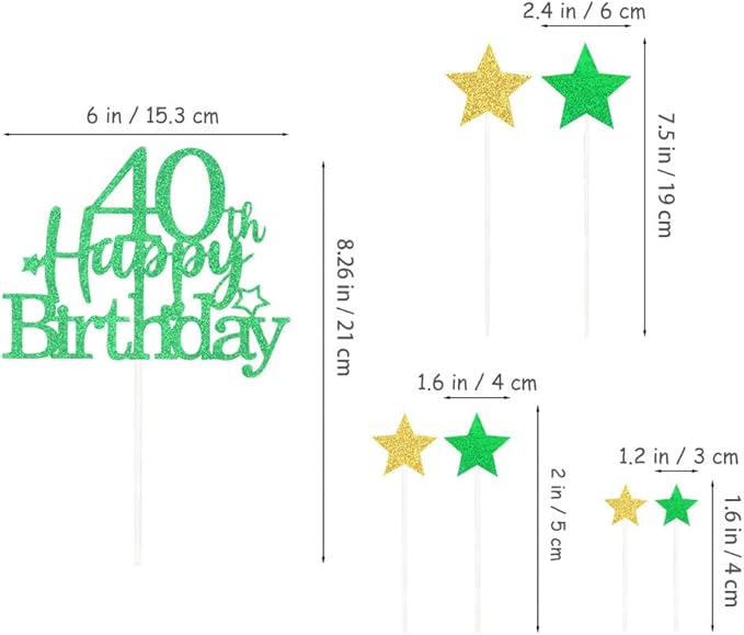 Glittery 40th Happy Birthday Cake Topper with Star,Personalised 40 Birthday Cake Toppers Party Decorations Party Supplies for Boys Girls Green Gold