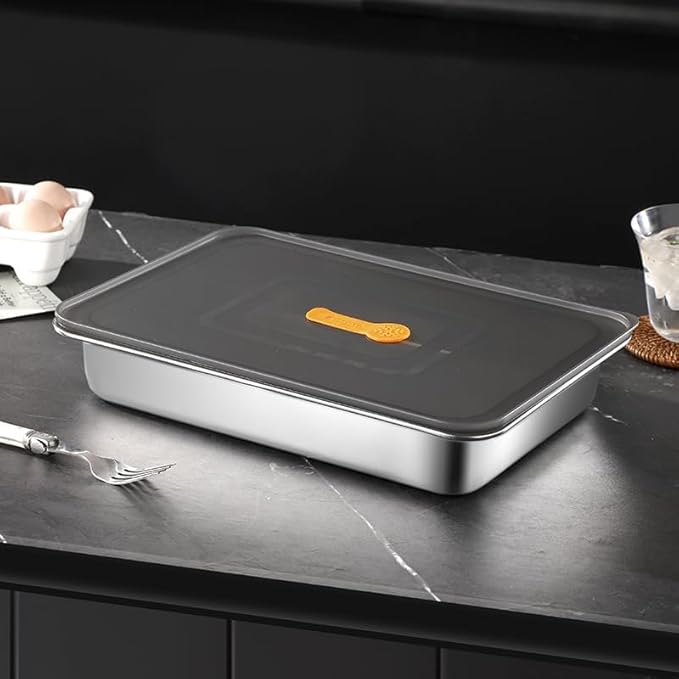 Roasting Pan,Non Stick Baking Pan,Cake Pan Rectangular 13.6"x 9.3"x 2.6",3 Litre Capacity with Lid (Stainless Steel)