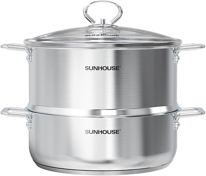 [New Version] Sunhouse 2-Tier Stainless Steel Steamer Pot with Lid - Larger 5.5 QT Steamer & 3.8 QT Stockpot Base - Induction Ready, Compatible with All Cooktops
