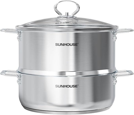 [New Version] Sunhouse 2-Tier Stainless Steel Steamer Pot with Lid - Larger 5.5 QT Steamer & 3.8 QT Stockpot Base - Induction Ready, Compatible with All Cooktops