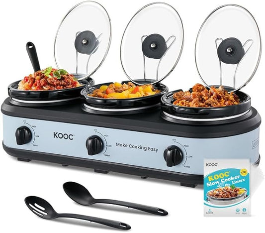 KOOC Triple Slow Cooker Buffet Server and Food Warmer 3x1.5 Quart Individual Temp Control With Lid Rests & Spoons With Liners Included Blue Grey