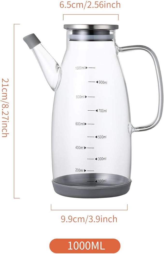 Large Glass Oil Dispenser Bottle for Kitchen Cooking Recipiente Para Aceite De Cocina Olive Oil Vinegar Dispenser Cruet Stainless Steel Lid No Drip Liquid Container (Clear, 34oz /1000ml)